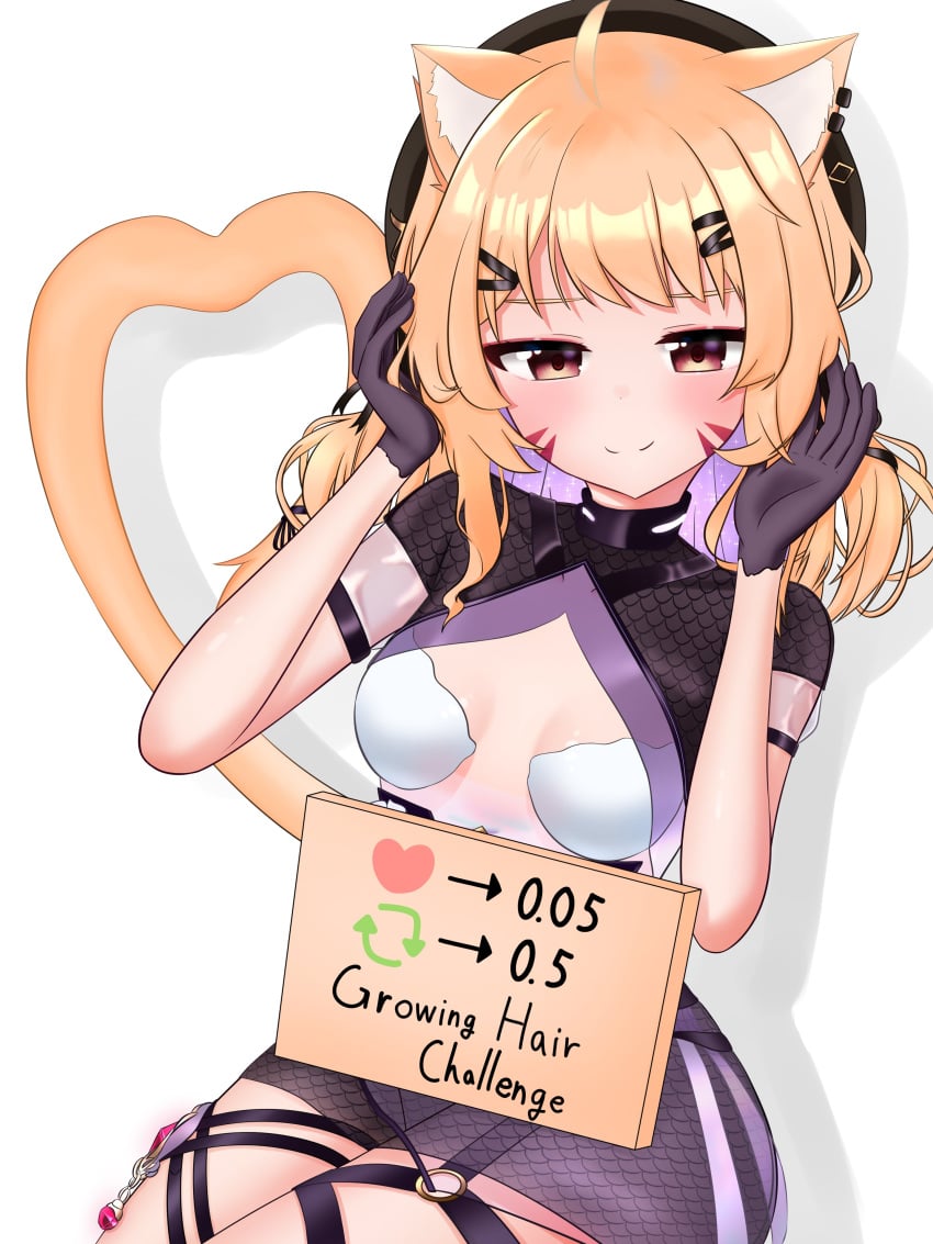 1girls ahoge animal_ears bangs barcode black_gloves blonde_hair blush body_writing breasts brown_eyes cat_ears china_dress chinese_clothes cleavage_cutout closed_mouth dress eyebrows_visible_through_hair female gloves hair_ornament hairclip light-skinned_female light_skin long_hair looking_at_viewer orange_eyes short_sleeves sign sitting smile solo squchan_(vtuber) striped_background thigh_strap twintails vyugen