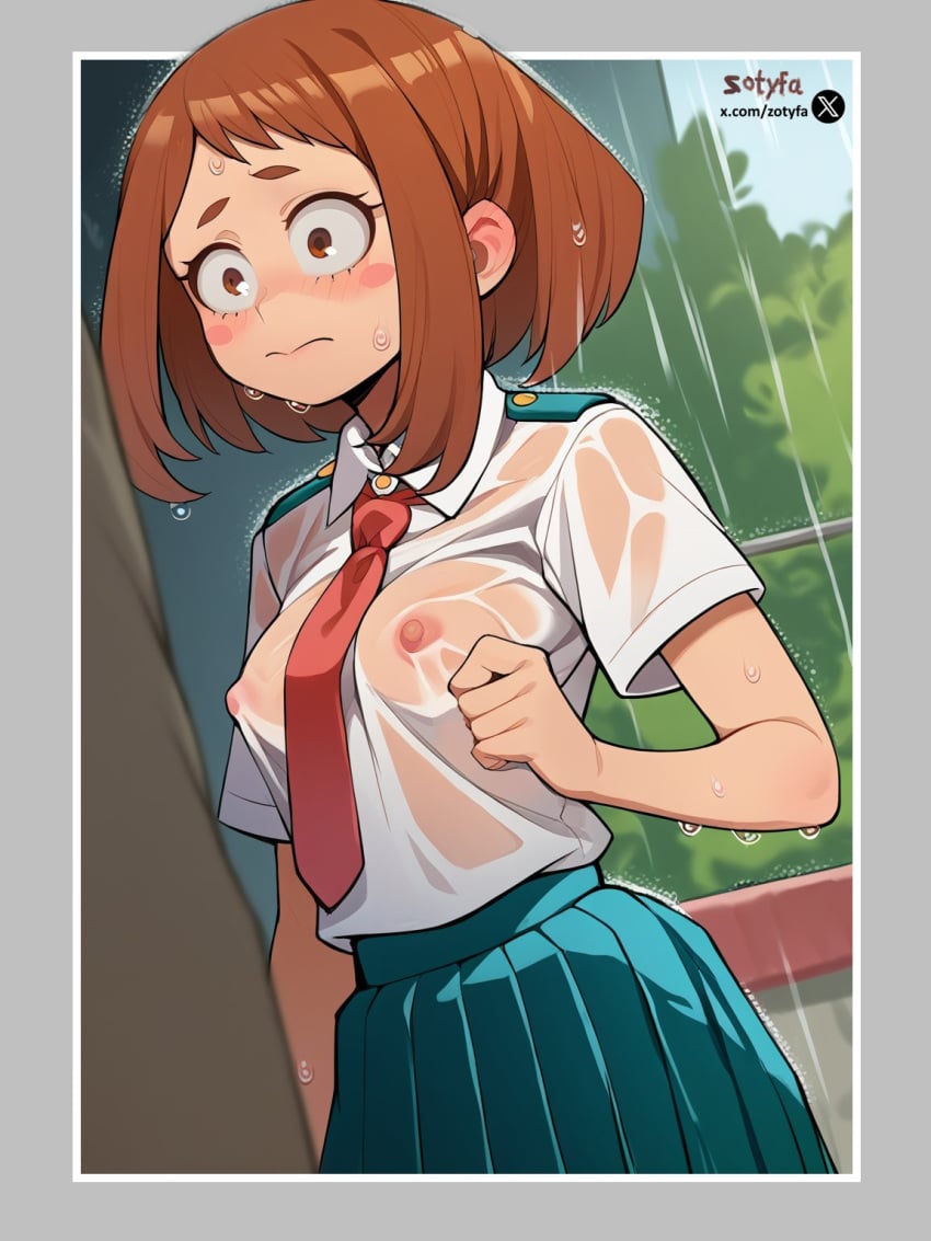 big_breasts blush boku_no_hero_academia embarrassed enf my_hero_academia nipples ochako_uraraka public_nudity wet_clothes zotyfa