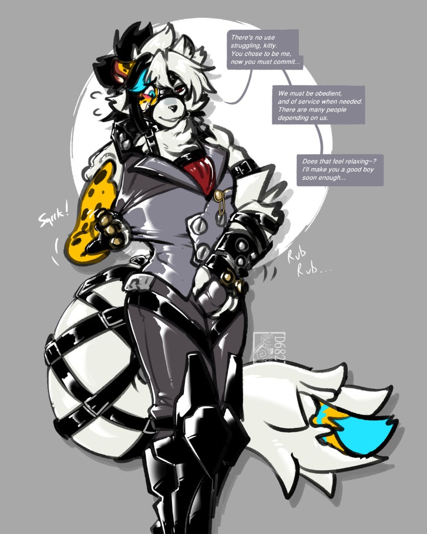 anthro bulge bulge_grab cheetah d682 detailed_bulge english_text felid feline fur hi_res latex latex_transformation male mammal mihoyo null_bulge prosthetic prosthetic_leg prosthetic_limb solo speech_bubble text transformation von_lycaon white_body white_fur zenless_zone_zero