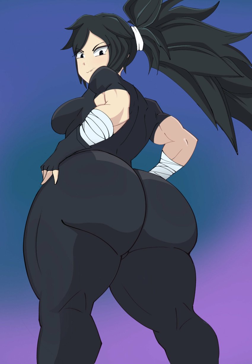 angry_face ass ass_focus ass_grab black_eyes black_hair blue_background breasts breasts clothing colored commission dark_hair dragon_ball dragon_ball_super dragon_ball_xenoverse dragon_ball_z female female female_focus female_only female_saiyan full_body girl gloves gym_uniform leggings long_hair muscular muscular_female original_character ponytail purple_background saiyan saiyan_girl serena_(dragon_ball) small_breasts trainer