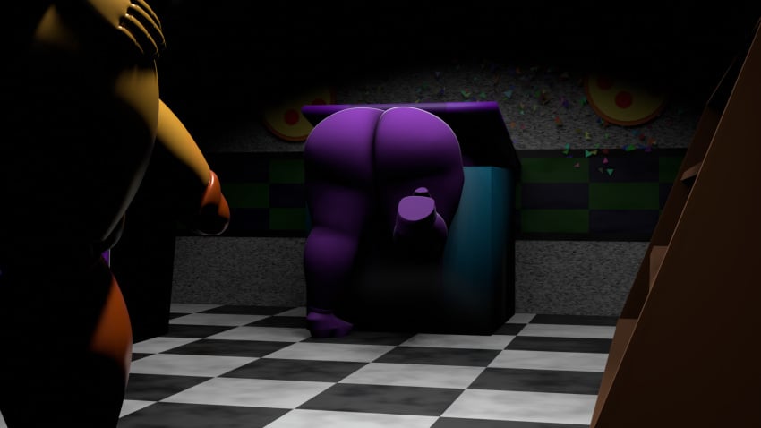 1futa 1girls 3d ass_focus big_penis chica_(fnaf) chubby chubby_female five_nights_at_freddy's fnaf fnaf_2 futanari heels huge_ass leg_lifted purple_body purple_clothing purple_hair robot_futa searching security_guard semi-erect thick_ass thick_thighs viewed_from_behind wendy_afton