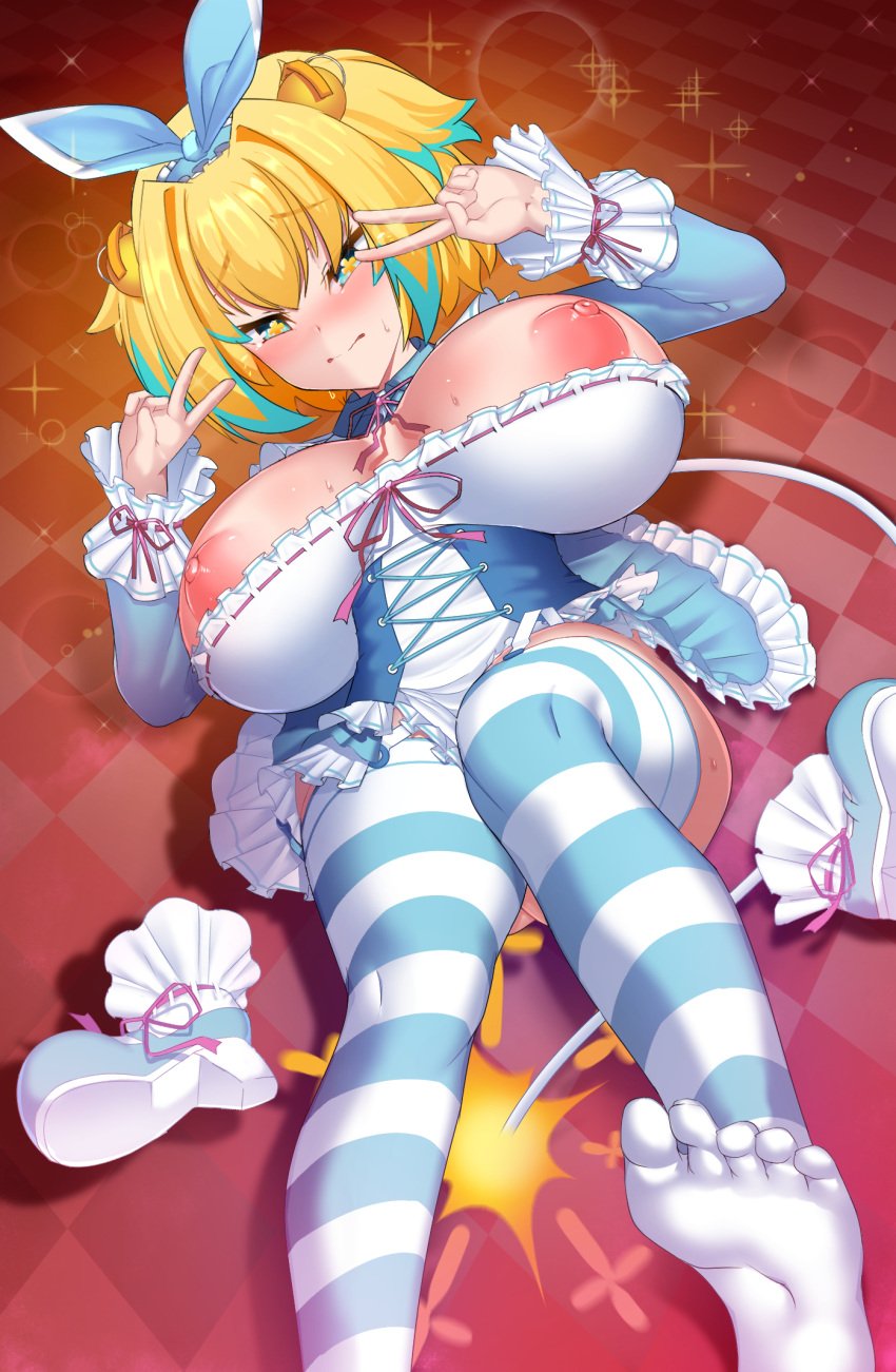 +_+ 1girls apron areola_slip artist_request blonde_hair blue_eyes blue_hair blue_legwear blue_ribbon blue_skirt blush bombergirl breasts_out from_above gradient_background grenade_hair_ornament hair_ribbon halterneck highres large_areolae large_breasts lit_fuse long_sleeves looking_at_viewer looking_up lying maid_headdress multicolored_hair open_mouth perspective pine_(bombergirl) pine_(wonderland)_(bombergirl) ribbon short_hair shrug_(clothing) skirt smile striped_legwear thighs two-tone_hair two_side_up tying_hair waist_apron yellow_pupils