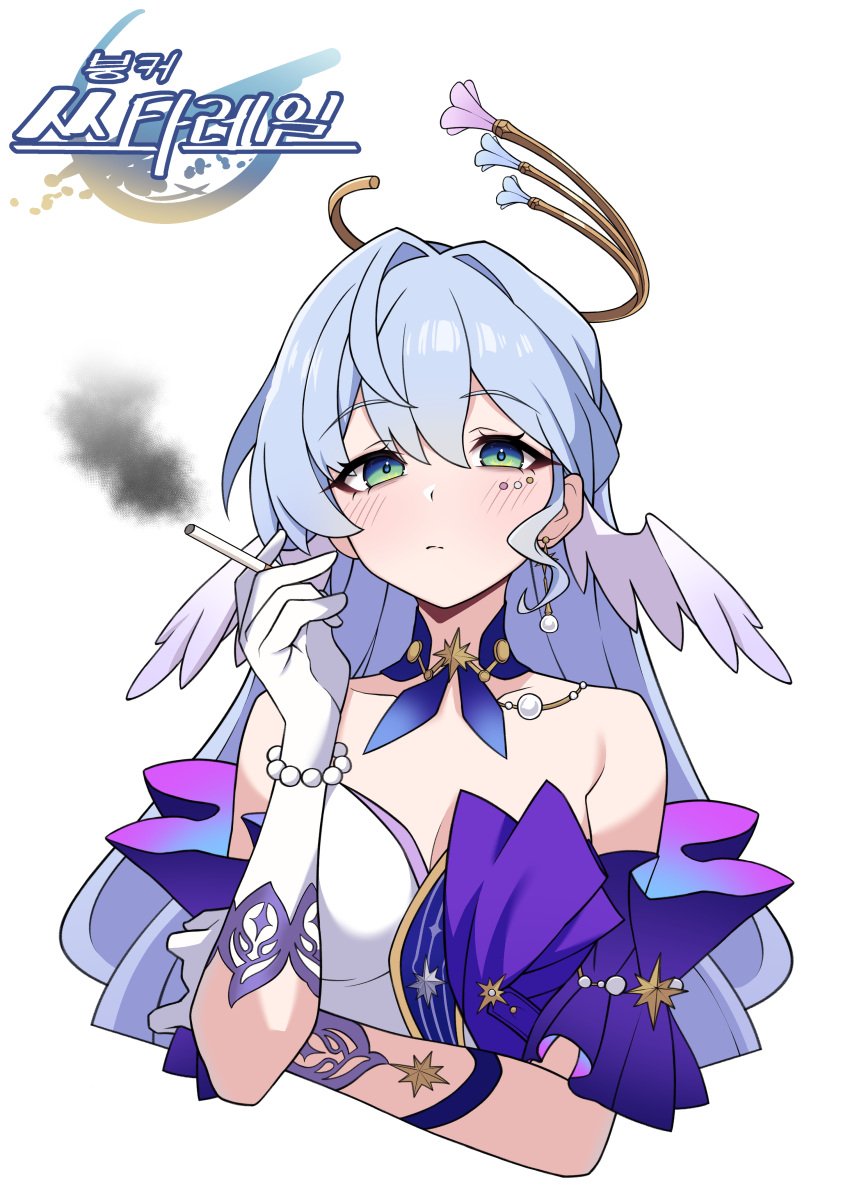 0haribo0 absurdres bare_shoulders blue_hair breasts cigar cigarette cleavage closed_mouth collarbone cropped_torso dress earrings face_jewel female gloves hand_up head_wings highres holding holding_cigarette honkai:_star_rail honkai_(series) jewelry long_hair medium_breasts robin_(honkai:_star_rail) single_earring smoking strapless strapless_dress upper_body white_dress white_gloves wings