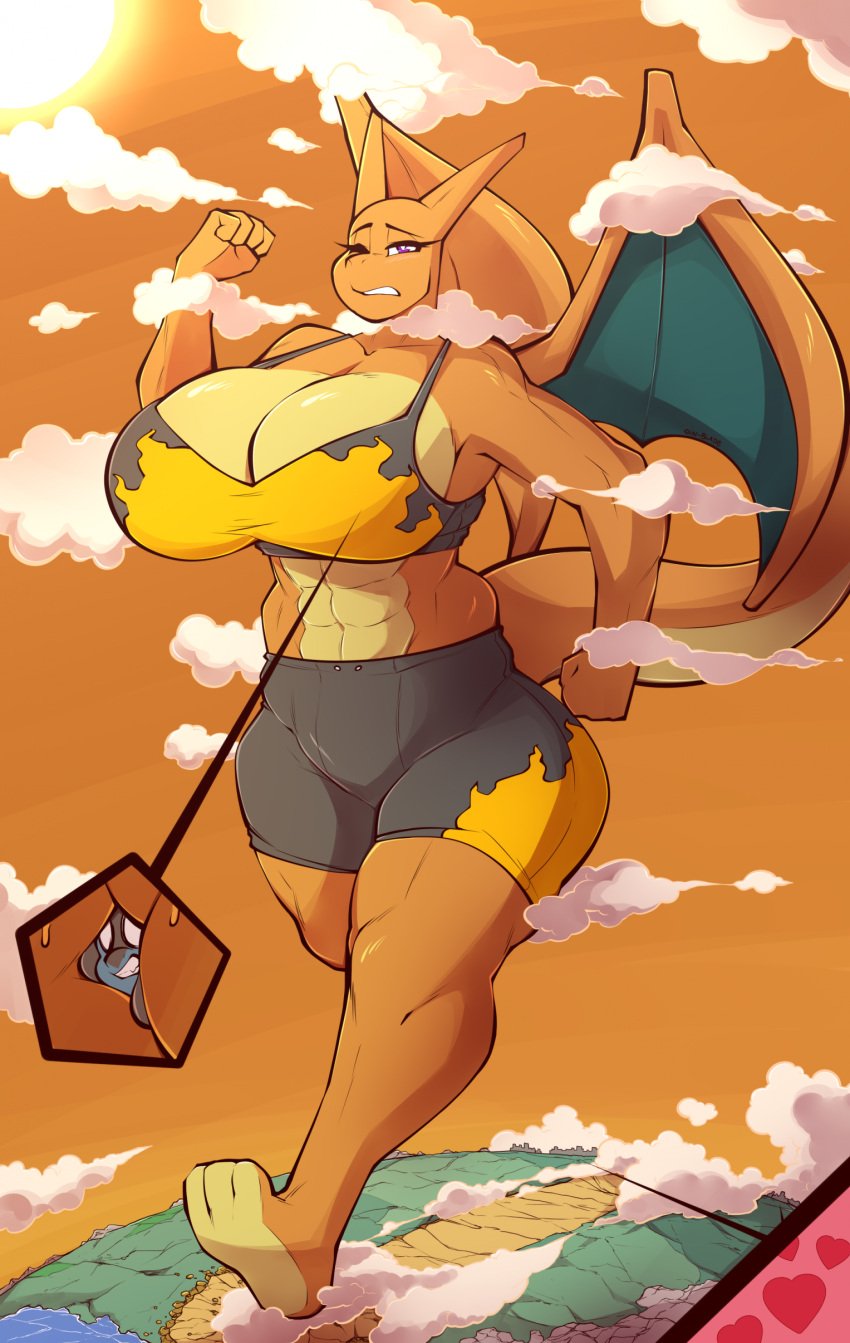 2023 absurd_res anthro barefoot big_breasts bottomwear bra breasts chari-gal charizard cleavage clothed clothing digital_media_(artwork) extreme_size_difference feet female generation_1_pokemon generation_4_pokemon gin-blade hi_res landscape_dwarfing larger_anthro larger_female lucario macro male membrane_(anatomy) membranous_wings muscular muscular_anthro muscular_female nintendo planet pokemon pokemon_(species) running shorts size_difference smaller_male sports_bra tail underwear wings