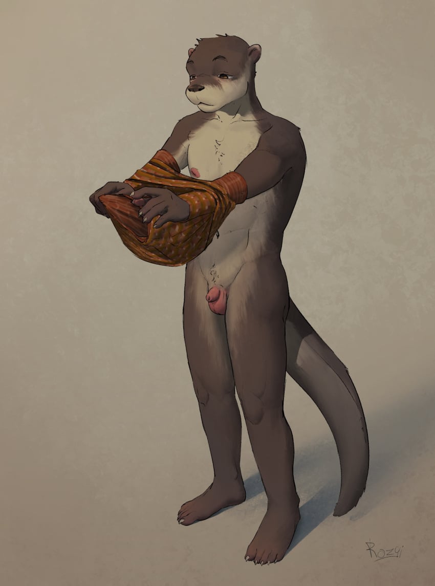 anthro balls clothing digital_media_(artwork) dressing flaccid foreskin fur genitals hi_res humanoid_genitalia humanoid_penis male male_only mammal mustelid nipples otter penis rozgi shirt simple_background small_penis solo standing tail thin_calves tight_foreskin topwear