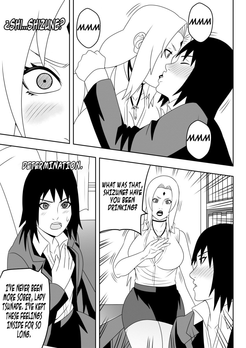 2girls age_difference big_breasts boss_and_employee breasts comic dialogue embarrassed english_text female female_only formal formal_clothes huge_breasts indoors kissing mature mature_female multiple_girls naruto naruto:_the_last naruto_(series) naruto_shippuden ninrubio office office_lady older_woman_and_younger_girl shizune story teacher_and_student tsunade voluptuous yuri