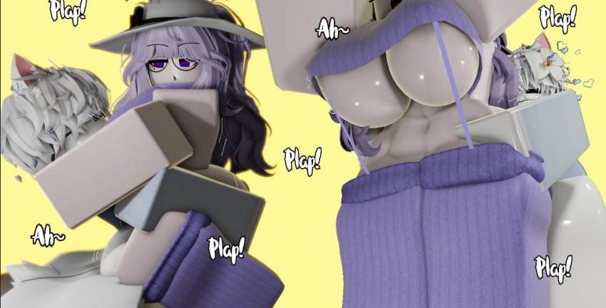 1boy 1boy1girl 3d antennae antennae_(anatomy) bare_shoulders blocky_body bottomless breasts cat_ears circular_glasses close-up colored_skin commission eespysleepy female flower glasses hat holding large_breasts light_purple_hair navel oily open_mouth purple_hair ribbon roblox roblox_avatar robloxian shiny_skin simple_background tagme tail text thighs underboob virgin_destroyer_sweater virgin_killer_sweater white_skin yellow_background