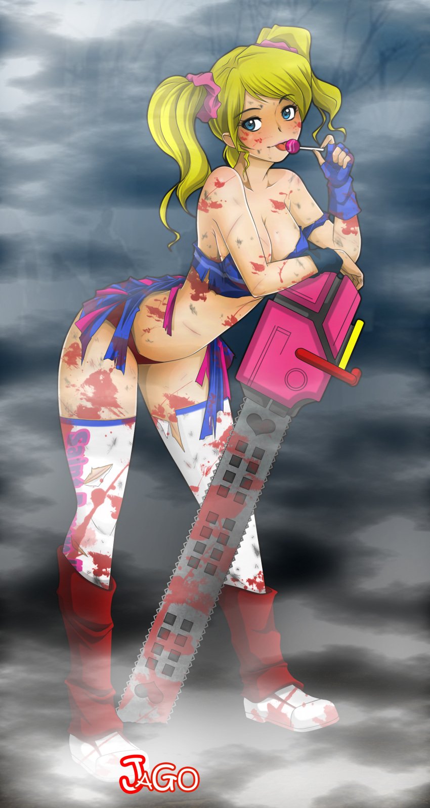 1girls big_breasts blonde_female blonde_hair blood blood_on_face blue_eyes breasts chainsaw jago_dibuja juliet_starling lollipop lollipop_chainsaw lollipop_in_mouth panties red_panties solo solo_female thighs torn_clothes twintails