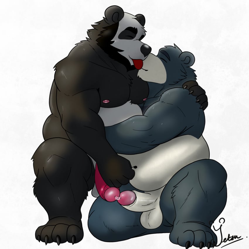 anthro balls bear bodily_fluids closed_eyes crouching digital_media_(artwork) duo erection feet fur genital_fluids genitals giant_panda hi_res hug humanoid_genitalia humanoid_penis kissing leaking_precum male male/male mammal muscular muscular_anthro muscular_male nipples nude overweight overweight_anthro overweight_male pecs penis penis_touching precum romantic romantic_ambiance simple_background sitting smile spread_legs spreading toes tongue tongue_out yetsu yetsupanda