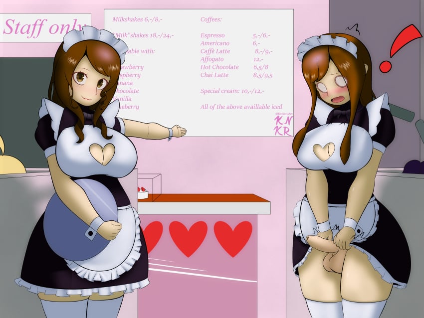 1futa accidental_exposure balls blush bottomless brown_eyes brown_hair clothed clothing dickgirl dress emma_lysimachia erection female fully_clothed futa_only futanari human intersex karu-chan keyhole_clothing kinkaru light-skinned_futanari light_skin long_hair maid maid_apron maid_headdress maid_outfit maid_uniform mostly_clothed original penis shocked shocked_expression solo standing