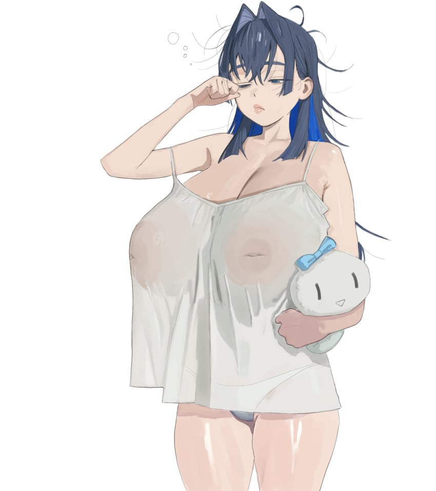 blue_eyes blue_hair breasts crop_top crop_top_overhang female hintobento hololive huge_breasts inverted_nipples ouro_kronii see-through_clothes stuffed_toy virtual_youtuber waking_up