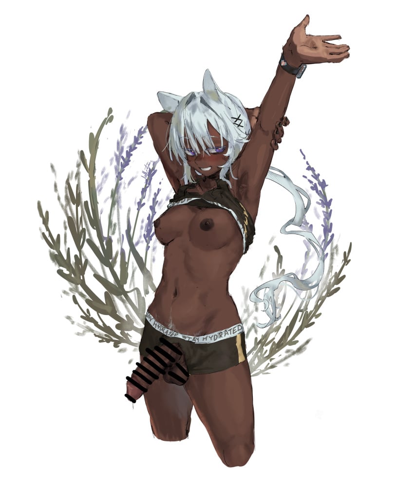 1futa animal_ears arknights armpits arms_above_head arms_behind_head arms_up balls blush boxers bra_lift camel_girl clothed clothing dark-skinned_futanari dark_areola dark_skin drooling erect_penis erection futa_only futanari hair_ornament happy_trail human humanoid humanoid_penis iv_tube kemonomimi long_hair looking_at_viewer medium_breasts navel nipples partially_clothed penis precum precum_drip pubic_hair purple_eyes smiling_at_viewer solo sports_bra sportswear standing stretching transgender_flag tuye_(arknights) very_dark_skin white_hair x_hair_ornament