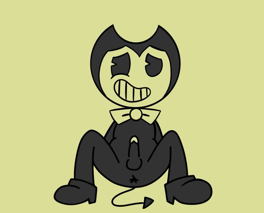 1boy anus asshole bendy_and_the_ink_machine bendy_the_dancing_demon black_eyes black_skin bowtie demon_tail hands_on_sides horns lewdboiart_(artist) looking_at_viewer male male_only nervous_smile no_balls no_eyebrows non-human non-human_only penis presenting_anus pudgy_belly rubberhose simple simple_coloring sitting small_penis spread_legs spreading tagme tail tap_shoes teeth tight_anus toony