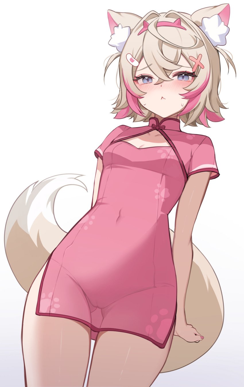 :< absurd_res accessory animal_humanoid asian_clothing ass blue_eyes blush breasts butt_from_the_front canid canid_humanoid canine canine_humanoid chinese_clothing chinese_dress cleavage_cutout clothing cutout dipstick_tail dog_humanoid dress east_asian_clothing eyebrow_through_hair eyebrows female fluffy fluffy_tail genitals hair hair_accessory hairclip hi_res highlights_(coloring) hololive hololive_en humanoid inner_ear_fluff innie_pussy koahri mammal mammal_humanoid markings mococo_abyssgard navel nervous pawprint_clothing pawprint_pattern pear-shaped_figure pink_highlights pussy short_hair small_breasts solo tail tail_markings thigh_gap translucent translucent_clothing translucent_dress translucent_hair tuft unsure vtuber wide_hips