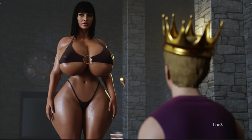 bae3 big_ass big_breasts bikini dark_hair gold_jewelry huge_breasts king legend_of_queen_opala osira tan_body thick_thighs throne_room voluptuous