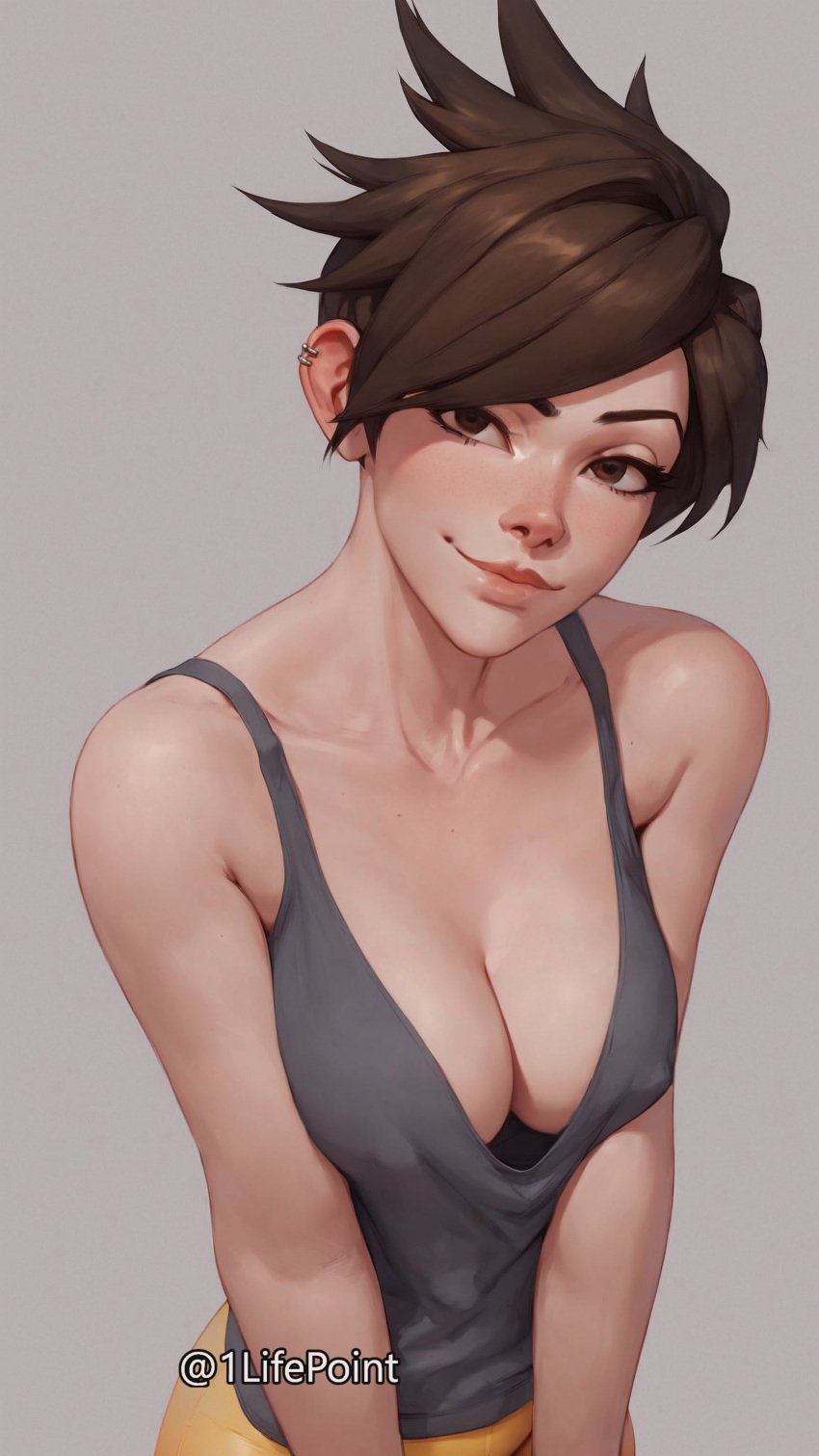 1lifepoint ai_generated big_breasts breast_squish brown_eyes brown_hair busty cleavage erect_nipples erect_nipples_under_clothes highres looking_at_viewer no_bra overwatch overwatch_2 short_hair tank_top tomboy tracer