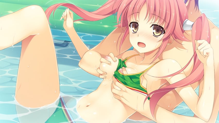 1boy bikini bikini_lift blush breast_grab female fujimori_kaname game_cg grabbing grabbing_from_behind kazama_akari koikishi_purely_kiss navel nipples open_mouth partially_submerged pink_hair pool swimsuit tagme yuuki_hagure