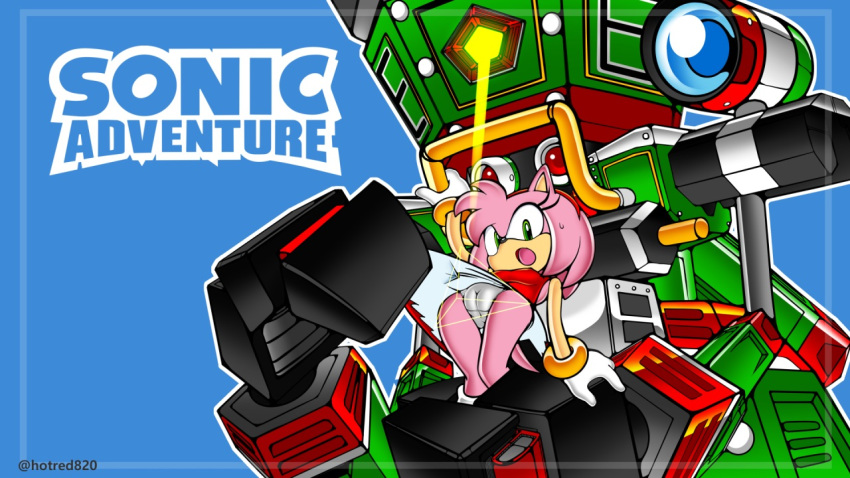 accurate_art_style amy_rose anthro assisted_exposure cameltoe dress dress_lift female furry gloves green_eyes hairband hedgehog hotred looking_at_viewer on_model panties pink_hair robot sega sonic_(series) sonic_adventure style_parody surprised uekawa_style upskirt zero_(sonic)