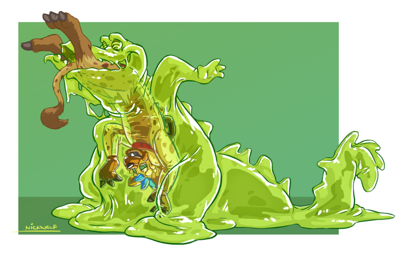 anthro barefoot black_nose dazed desktop_size eating furry furry_only green_goo hypnotic_eyes kaa_eyes mind_control nickwolf no_link open_mouth slime slime_control smile tail unaware_vore vore