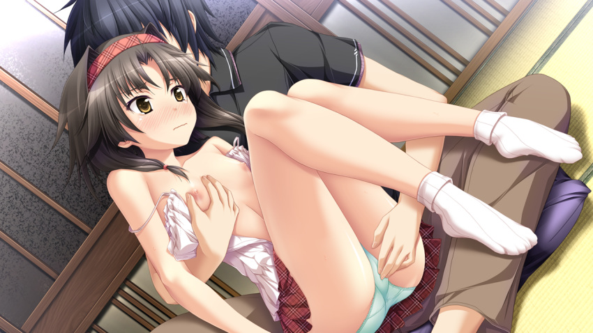 black_hair blush chrono_clock fingering flat_chest panties purple_software short_hair skirt suzuki_miu tsukimori_hiro underwear yellow_eyes