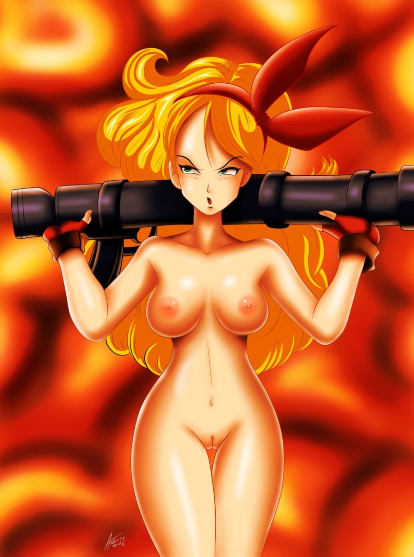 andersonicth areolae bad_launch bazooka blonde_hair breasts dragon_ball dragon_ball_(classic) female gloves green_eyes gun hairband launch long_hair navel nude posing pussy rocket_launcher solo weapon