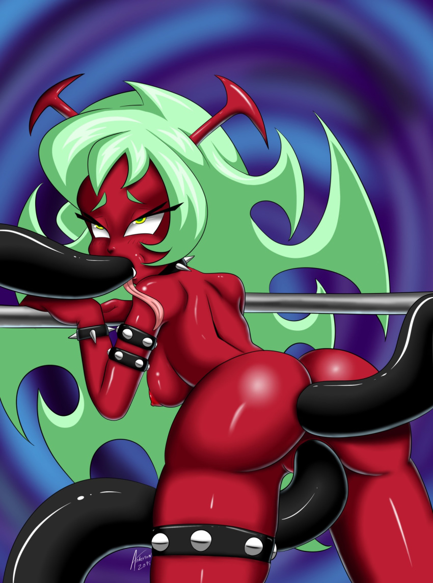 anal andersonicth anus ass collar demon double_penetration fangs fellatio female green_hair horns licking long_hair long_tongue oral panty_&_stocking_with_garterbelt penetration pussy scanty_daemon spikes tentacle tongue vaginal_penetration