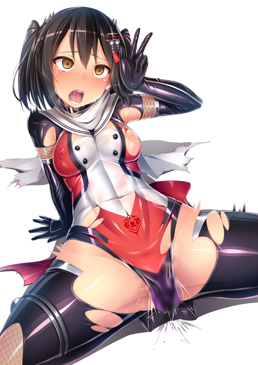 ahe_gao black_hair blush breasts censored clothed_masturbation clothing covered_navel covered_nipples dildo dildo_under_panties female hair_ornament highres kantai_collection leotard masturbation medium_breasts nipple_cutout nipples open_mouth pussy_juice remodel_(kantai_collection) saliva satou_kuuki see-through sendai_(kantai_collection) simple_background solo spread_legs squatting stockings sweat tears teeth thighhighs tied_hair tongue torn_bodysuit torn_clothes twintails vibrator vibrator_under_clothes w white_background yellow_eyes
