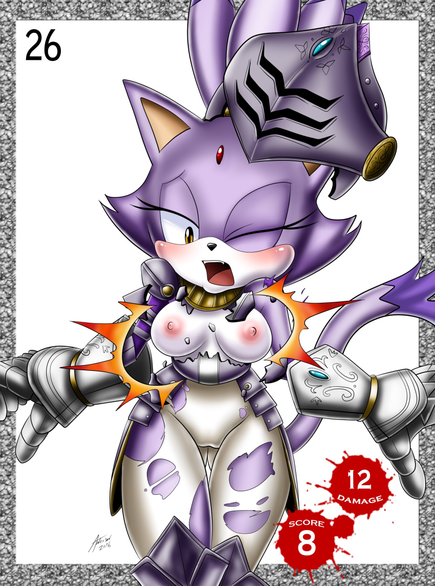 amber_eyes andersonicth anthro armor blaze_the_cat blush breasts exposed_breasts fangs feline female furry gauntlets headgear helmet knight purple_hair sir_percival_(sonic_and_the_black_knight) solo sonic_(series) sonic_and_the_black_knight tail torn_clothes winking