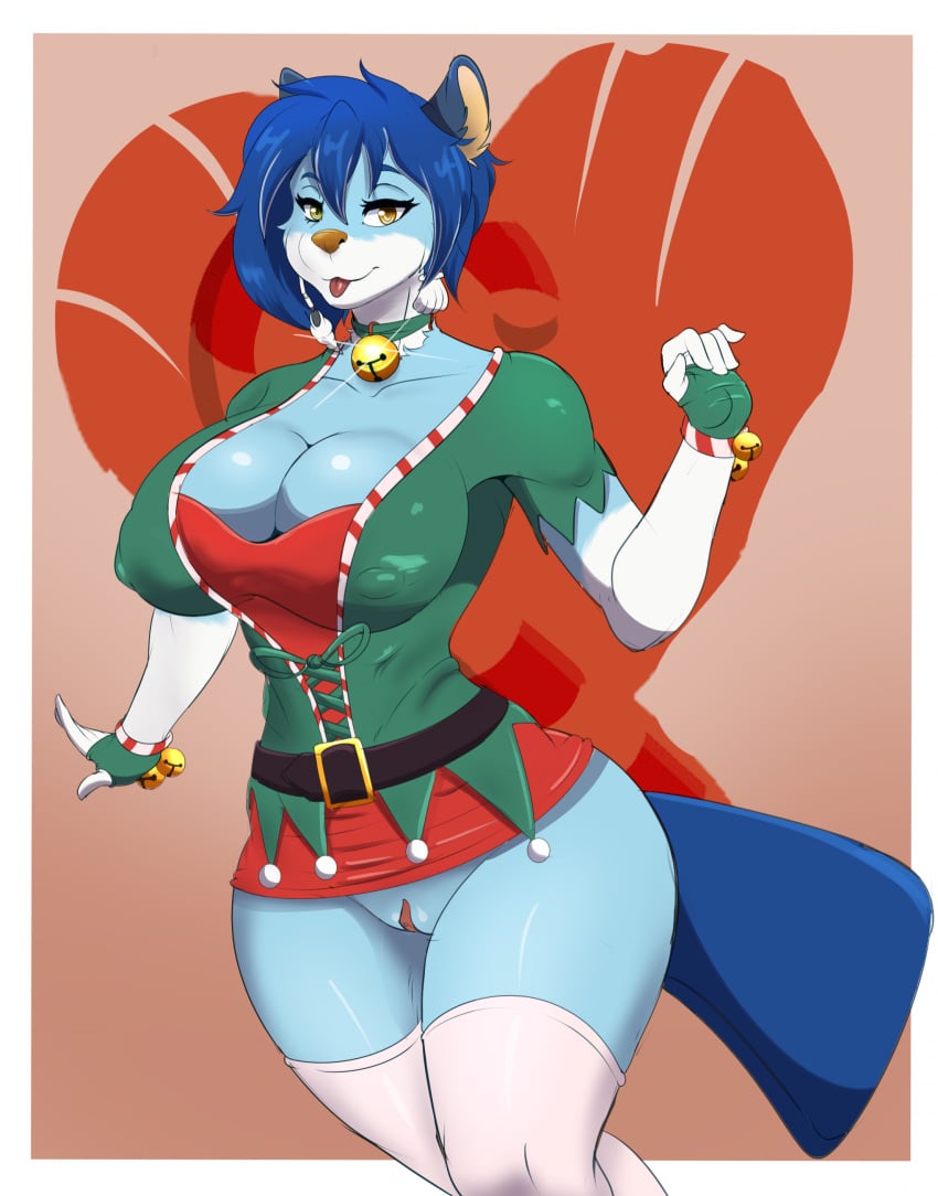 anthro bell big_breasts breasts christmas christmas_clothing clothing female generation_5_pokemon genitals hi_res holidays jingle_bell looking_at_viewer minatsu_(boredomtool) nintendo oshawott pokemon pokemon_(species) pussy sly_shadex solo tight_clothing