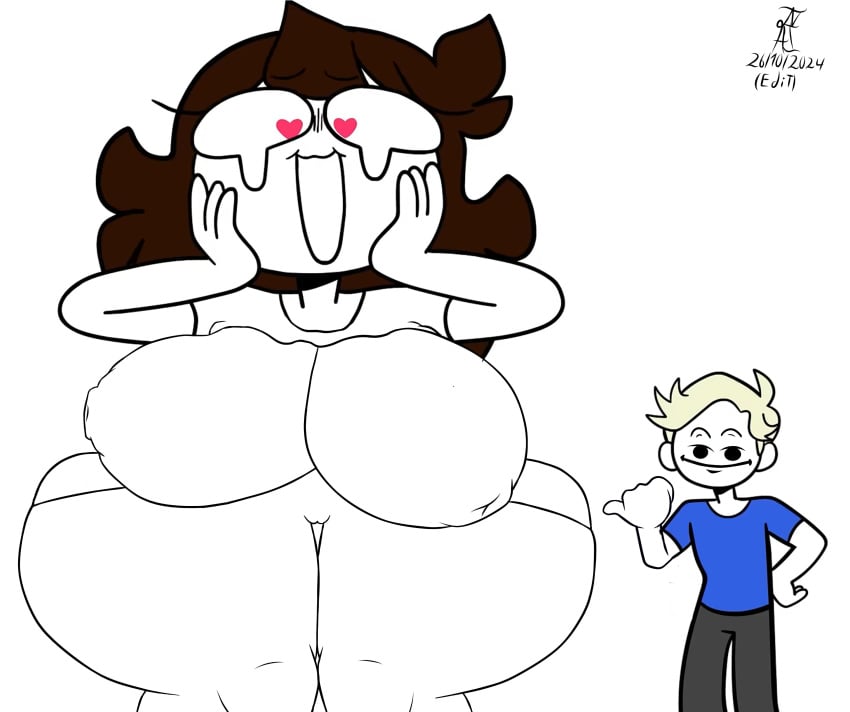 1boy 1boy1girl 1girls 2d 2d_(artwork) alpharad black_eyes brown_hair clothed clothing crying crying_with_eyes_open digital_media_(artwork) edit edited female heart heart-shaped_pupils huge_ass huge_breasts huge_thighs hyper_ass hyper_breasts hyper_thighs jaiden jaiden_animations jaiden_dittfach jaidenanimations just_a_inkling male screenshot_edit smug smug_face youtube youtuber