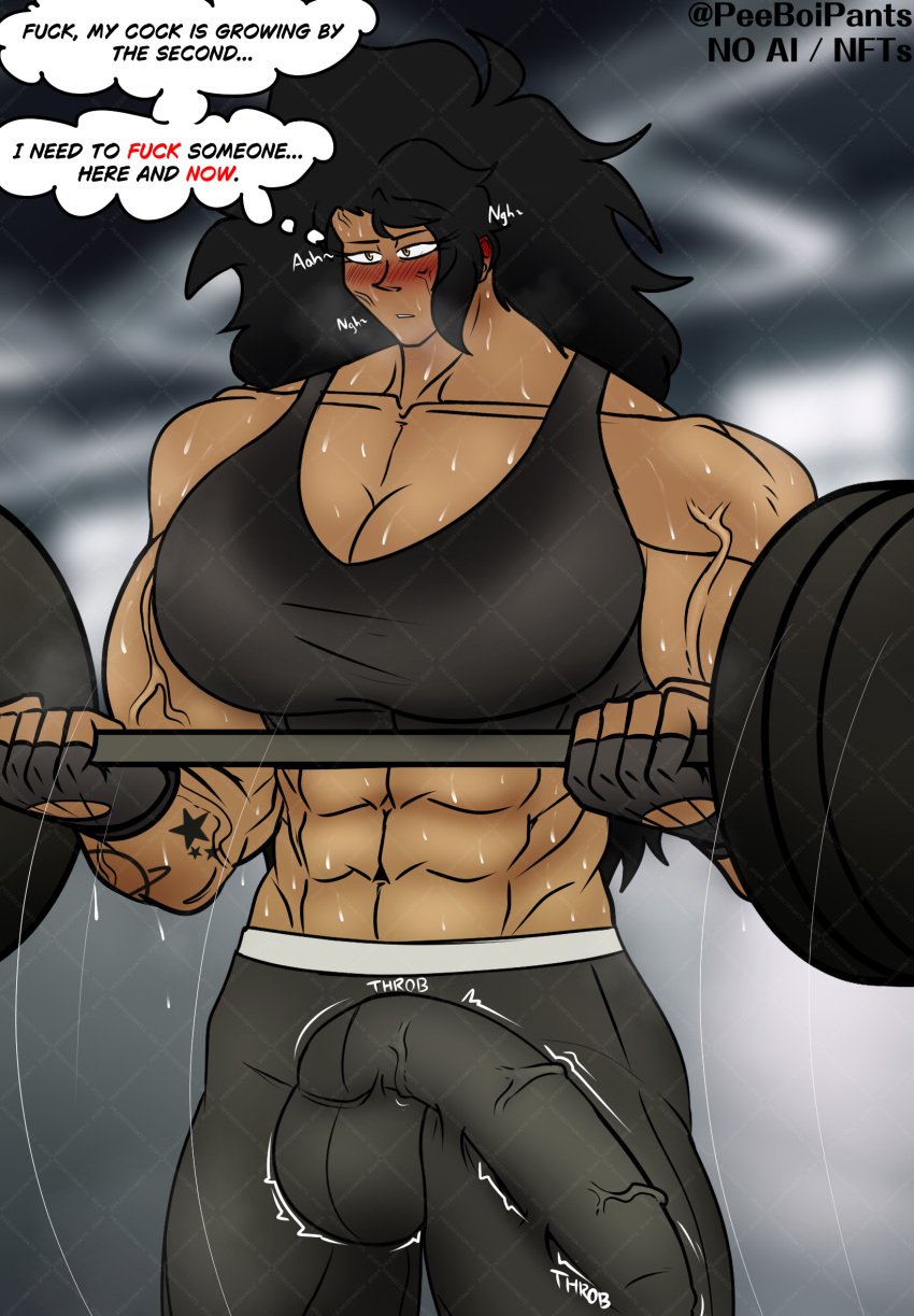 abs big_penis bulge bulge_through_clothing erection_under_clothes futa_only futanari gym_uniform hyper_balls hyper_genitalia hyper_penis in_heat intersex monica_clark muscular_futanari oc original original_character sweat sweating tagme tattoos thespicyname throbbing throbbing_penis veins_on_dick veiny_muscles weightlifting