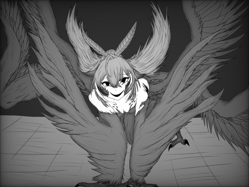 2023 avian avian_humanoid bare_shoulders bird_feet black_background black_eyes claws clothed dark_background eyeliner eyes feathers godzillakanato greyscale harpy harpy_girl harpy_humanoid hololive hololive_english hololive_english_-council- hololive_english_-promise- holoween large_wings looking_at_viewer nanashi_mumei official_art on_all_fours on_knees shoulders small_breasts smile smiling_at_viewer stare tile_floor very_long_hair virtual_youtuber wide_smile wings