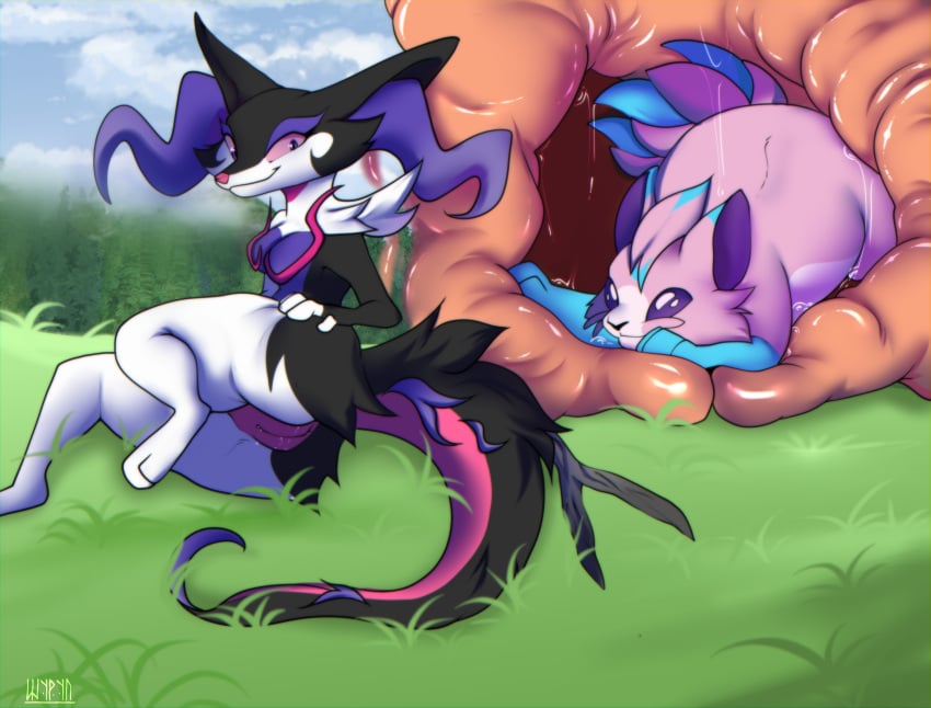 absurd_res anthro anthro_on_feral ass black_body black_fur bodily_fluids braixen breasts canid canine cloud digital_media_(artwork) duo eeveelution espeon female female/female feral fluffy fur generation_2_pokemon generation_6_pokemon genital_fluids genitals grass hair happy hi_res hybrid inner_ear_fluff inside_uterus lewxen looking_pleasured lying mammal nintendo nude on_grass on_ground outside penetration plant pokemon pokemon_(species) presenting presenting_hindquarters presenting_pussy purple_body purple_fur pussy size_difference sky tail tree tuft unbirthing uterus vaginal_fluids vaginal_penetration vore white_body white_fur zoophilia