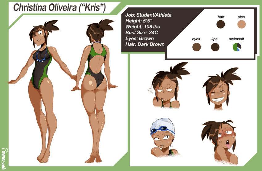 1girls character_sheet dark-skinned_female dark_skin female female_only gardnerverse kris_oliveira latina model_sheet ponytail samasan solo solo_female swimsuit