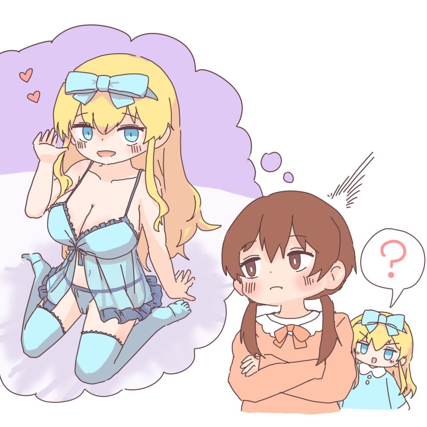 2girls ? alternate_breast_size apricot_(vocaloid) black_eyes black_hair blonde_hair blue_bow blue_bra blue_eyes blue_pajamas bow buttons crossed_arms hairbow huge_breasts iyowa_girls long_hair low_twintails open_mouth orange_pajamas pajamas pajamy_(character)_(iyowa) pajamy_(vocaloid) riko_(iyowa) saki_papi speech_bubble thought_bubble