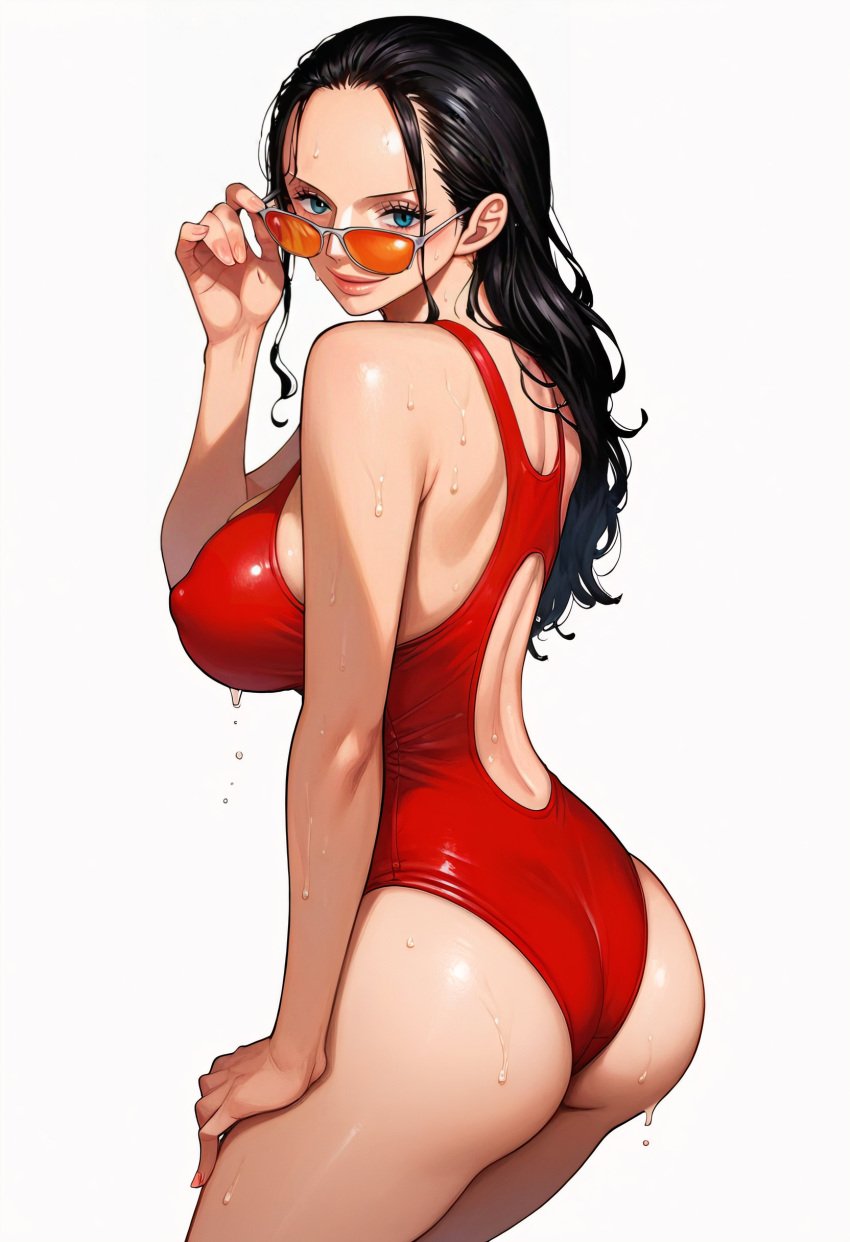 ai_generated alluring almost_naked almost_nude ass big big_breasts black_hair blue_eyes blush breasts earring earrings long_hair looking_at_viewer nico_robin one_piece red_swimsuit swimsuit z4zt3l4