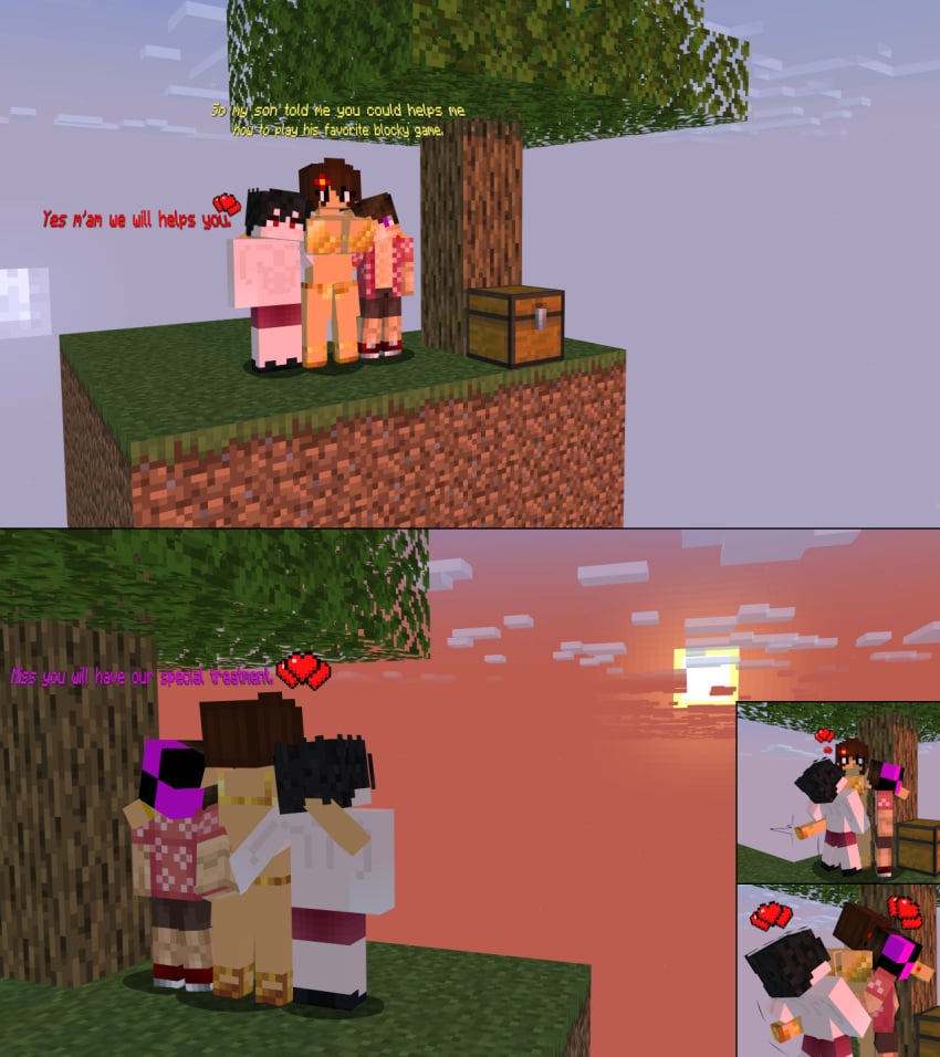 1boy 1girls 2boys age_difference ass ass_focus ass_grab bikini breeding brown_hair chest head_on_breasts helping holding holding_leg huge_breasts island kissing love milf mine-imator minecraft mommy muscular muscular_male purple_eyes red_eyes render sex sex_from_front size_difference skyblock slut slutty_clothing smaller_male story sun sun_rise taller_female taller_girl threesome trio trio_focus white_skin yellow_bikini