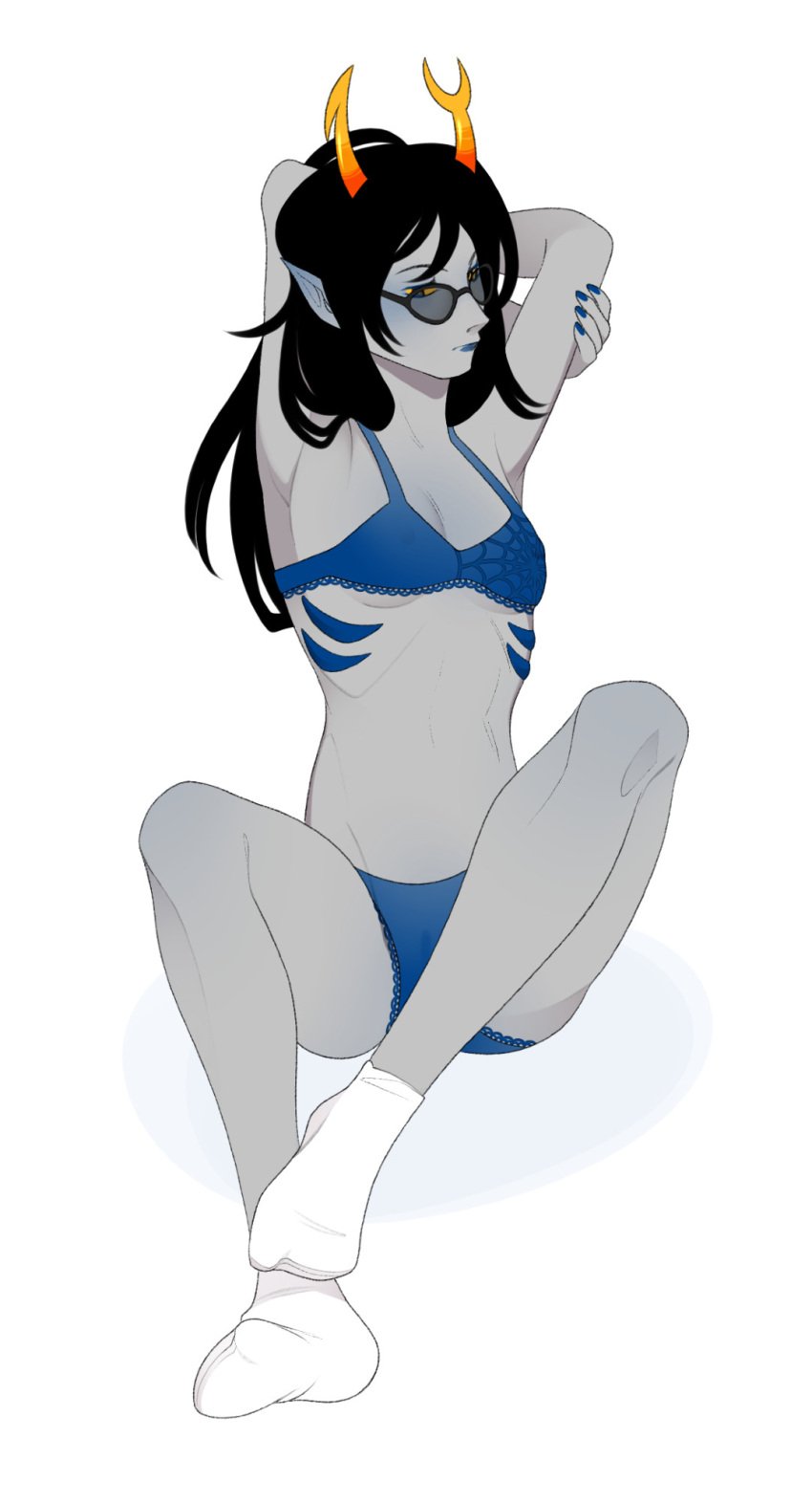 1girls alien alien_humanoid black_hair color colored colored_skin fangs female female female_focus female_only gamzeeghost grey_skin homestuck homestuck_troll horn horns humanoid humanoid_alien long_hair long_hair_female looking_at_viewer solo solo_female strip_game stripping stripping_game troll vriska_serket