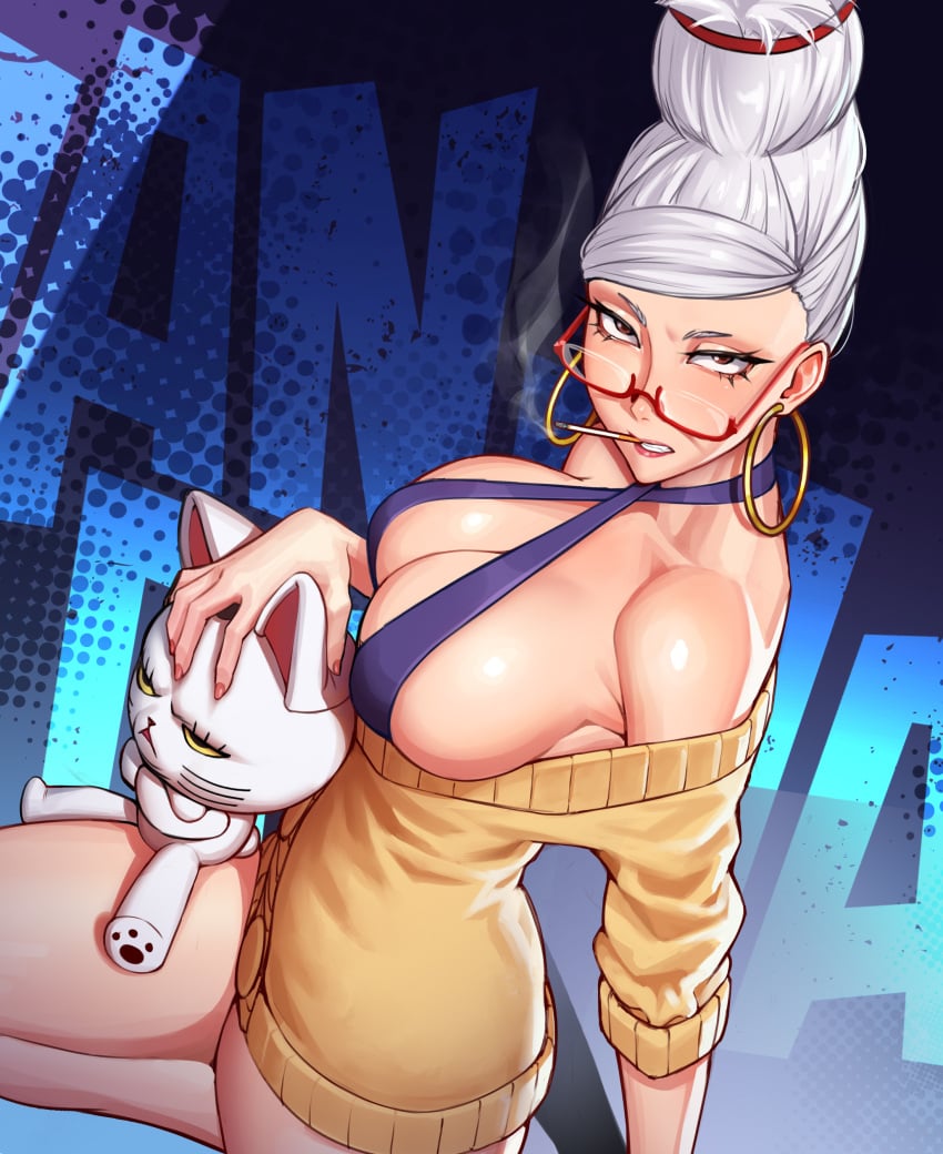 1girls ayase_seiko big_breasts busty character_request cigarette cigarette_in_mouth cleavage clothes dandadan female female_only gilf glasses grandmother huge_breasts jotmanlol large_breasts milf mostly_clothed old old_woman older_female revealing_clothes shounen_jump smoke smoking smoking_cigarette thick thick_thighs thighs turbo_granny_(dandadan) white_hair