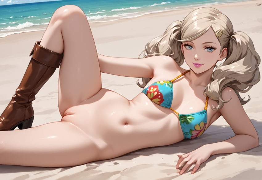 1girls ai_generated ann_takamaki beach bikini bikini_top lying_on_side one_leg_raised one_leg_up persona persona_5 persona_5_royal presenting_pussy pussy solo solo_focus