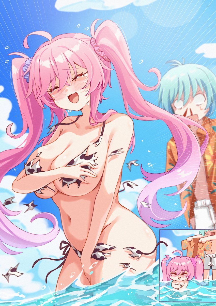 1boy 1girls :3 :3d :d beach chibi closed_eyes covering_breasts covering_crotch cow_print cow_print_bikini dutch_angle embarrassed female huge_breasts looking_at_another mostly_nude nervous nervous_smile nosebleed ocean rasis sound_voltex straight tears thighs torn_bikini tsumabuki_left wardrobe_malfunction