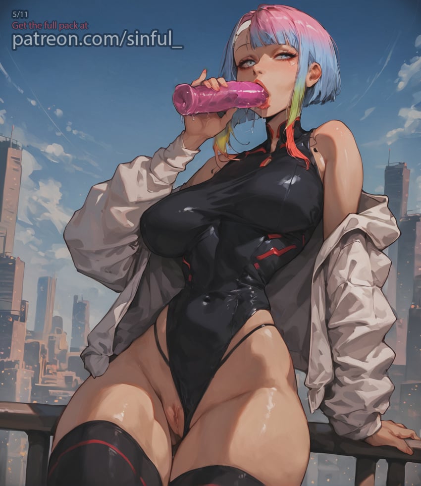 ai_generated aisinful arm_support ass_support bangs bare_shoulders big_breasts black_thighhighs blue_sky bodysuit bodysuit_aside city cityscape cloud covered_navel cowboy_shot curvy cyberpunk cyberpunk:_edgerunners cyberpunk_2077 dildo fellatio half-closed_eyes highleg highleg_panties huge_breasts jacket large_breasts lips looking_at_viewer lucyna_kushinada multicolored_eyes multicolored_hair narrow_waist outdoors patreon pussy railing rooftop saliva short_hair sky slim slim_girl slim_waist standing sucking_dildo thick_thighs thighhighs thong undressing wide_hips