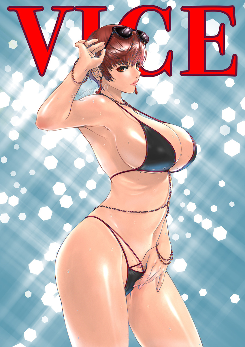 1girls armpits artist_name bare_shoulders bikini black_bikini bracelet breasts brown_eyes character_name cleavage commentary_request earrings eyewear_on_head female female_only fingernails hand_up highleg highleg_bikini highres jewelry king_of_fighters king_of_fighters_xv large_breasts looking_at_viewer navel red_hair shiny_skin short_hair simple_background sk_(sk-g) solo stomach sunglasses sweat sweatdrop swimsuit thighs vice_(kof) watermark