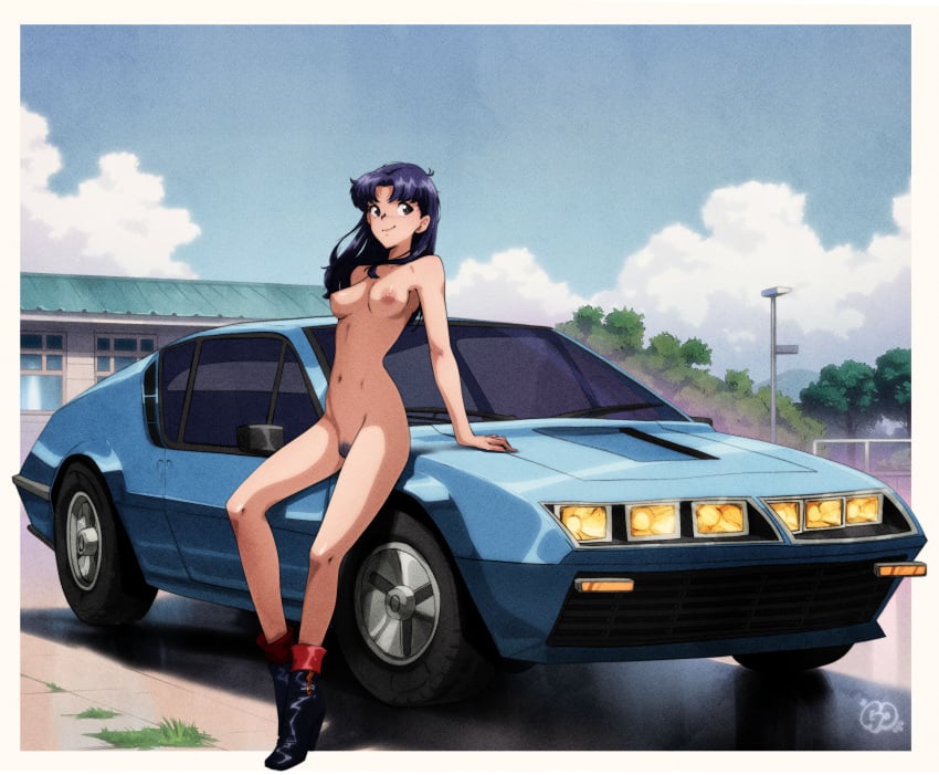 absurdres alpine_a310 arm_support artist_logo blue_car blue_sky blush boots border breasts brown_eyes car cloud cloudy_sky cross cross_necklace day exhibitionism female female_pubic_hair full_body full_frontal_nudity high_heel_boots high_heels highres impossible_clothes jewelry katsuragi_misato large_areolae leaning_on_object legs logo long_hair medium_breasts misato_katsuragi motor_vehicle navel necklace neon_genesis_evangelion nude open_clothes outdoors parted_bangs pubic_hair purple_hair sky smile solo sports_car stomach thatpersonaguy tree variant_set vehicle_focus