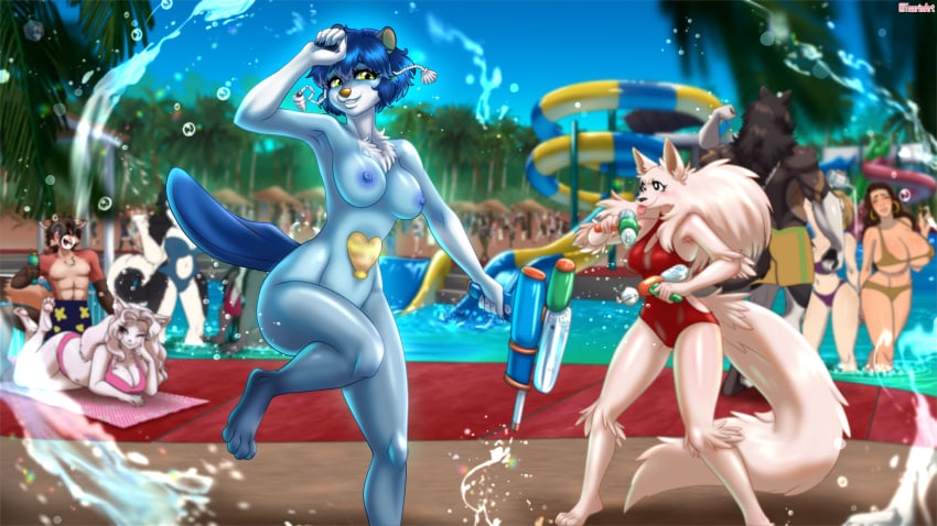 16:9 anthro bikini breasts canid canine canis clothing female fox generation_5_pokemon group hi_res human male mammal minatsu_(boredomtool) nintendo nude oshawott pokemon pokemon_(species) pool slide swimwear toy toy_gun tsarinart two-piece_swimsuit water_gun water_slide widescreen wolf