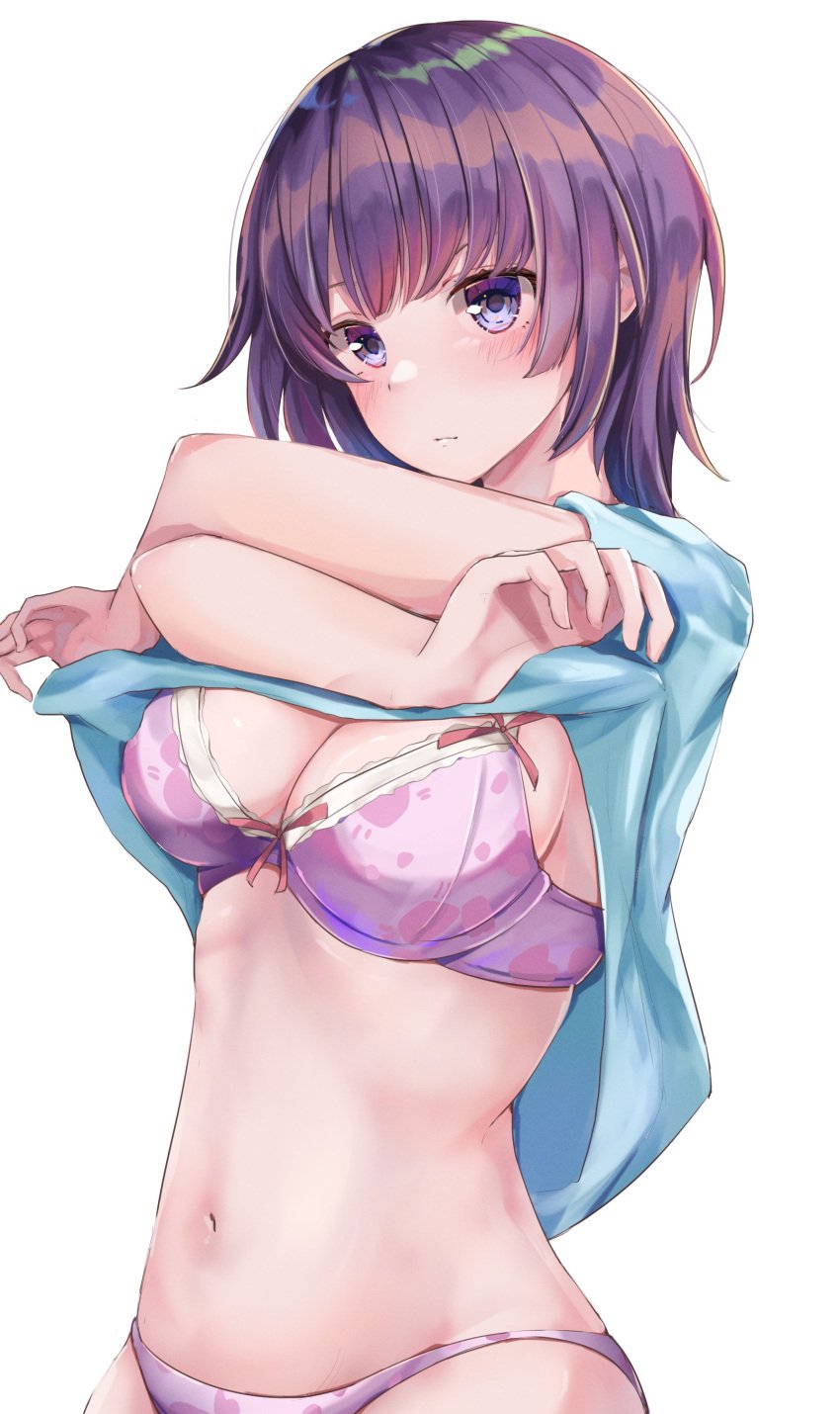 ass_visible_through_thighs bare_belly belly_button big_breasts blush bra breasts cleavage closed_mouth monogatari_(series) panties purple_bra purple_eyes purple_hair purple_panties senjougahara_hitagi shirt_lift short_hair underwear undressing yuunamida_uyu