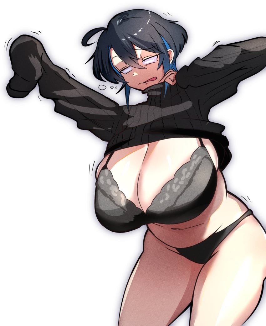 1girls black_hair bra breasts female getting_dressed highlights huge_breasts kataochi_chuuko kataoti_30 panties turtleneck