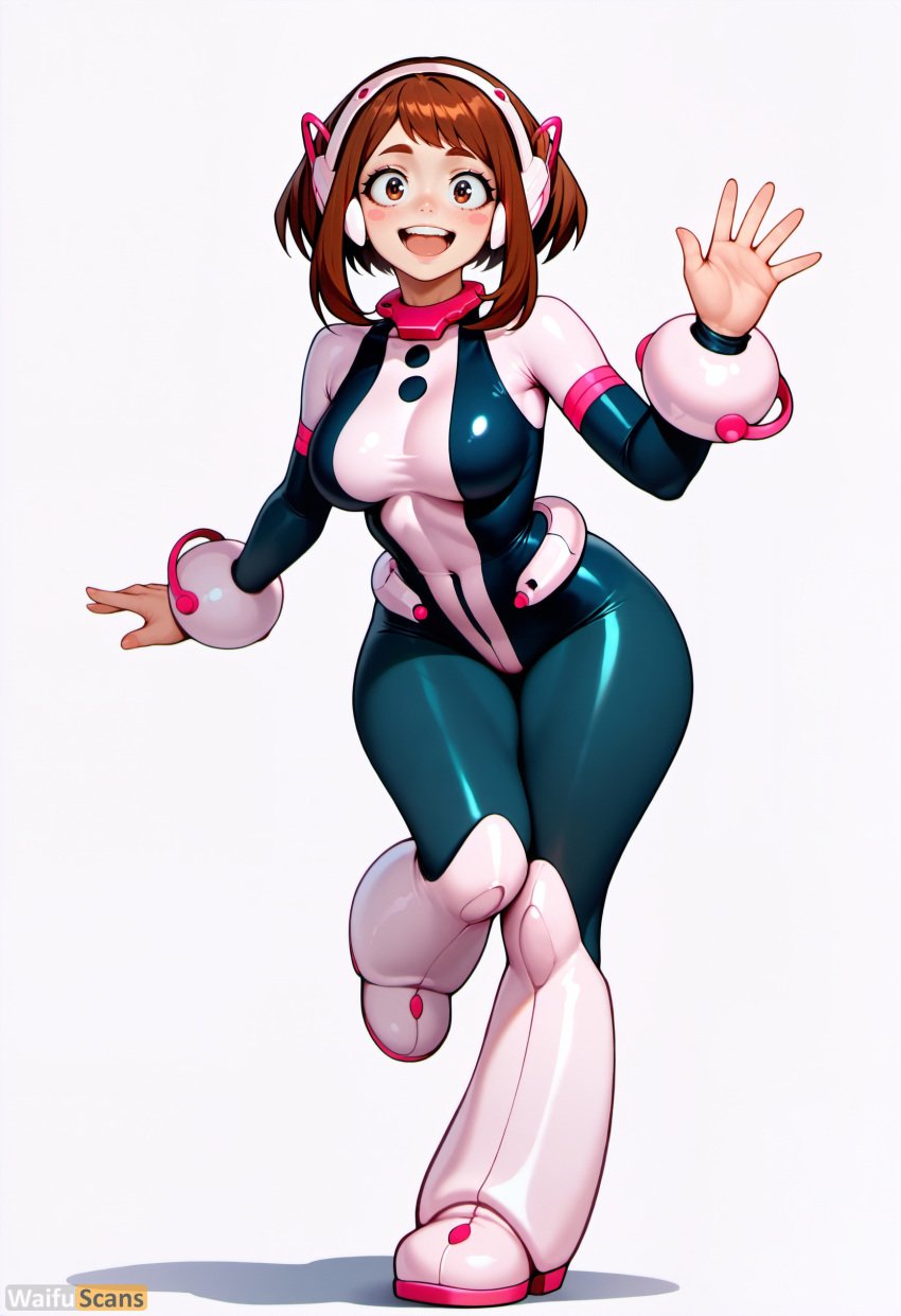 :d ai_generated artist_name bangs blush blush_stickers bodysuit boots breasts brown_eyes brown_hair covered_navel female full_body high_resolution highres large_breasts looking_at_viewer medium_breasts multicolored_bodysuit my_hero_academia open_mouth shiny shiny_clothes short_hair sidelocks simple_background skin_tight smile solo stable_diffusion standing standing_on_one_leg superhero teeth thick_thighs uraraka_ochako waifuscans418 white_background wide_hips