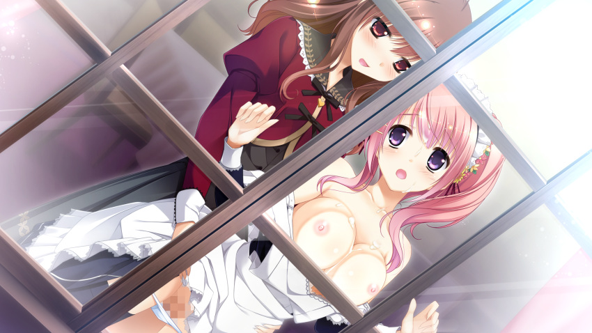 1boy 1girls against_glass against_window apron black_dress blush breast_press breasts brown_hair brown_hair_male censored clothes_down crossdressing_male cum cum_on_body cum_on_breasts cum_on_hair cum_on_upper_body facial female femboy femboy_on_female flower from_behind game_cg hair_flower hair_ornament hairclip hands_on_another's_hips hetero highres imminent_sex juliet_sleeves kimishima_ao komine_manami large_breasts long_hair long_sleeves mahara_aoi maid maid_apron maid_headdress male/female mosaic_censoring nipples open_mouth panties panty_pull penis pink_hair puffy_sleeves purple_eyes red_eyes red_hair red_jacket ribbon sakura_mau_otome_no_rondo school_uniform side_ponytail skirt skirt_lift smile thighhighs trap underwear white_panties window