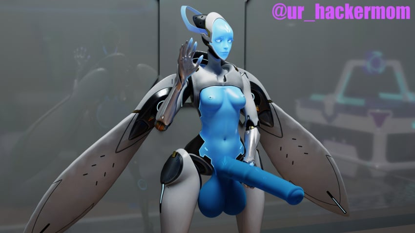 3d blue_skin echo_(overwatch) futanari horse_penis horseballs horsecock huge_balls overwatch overwatch_2 robot solo